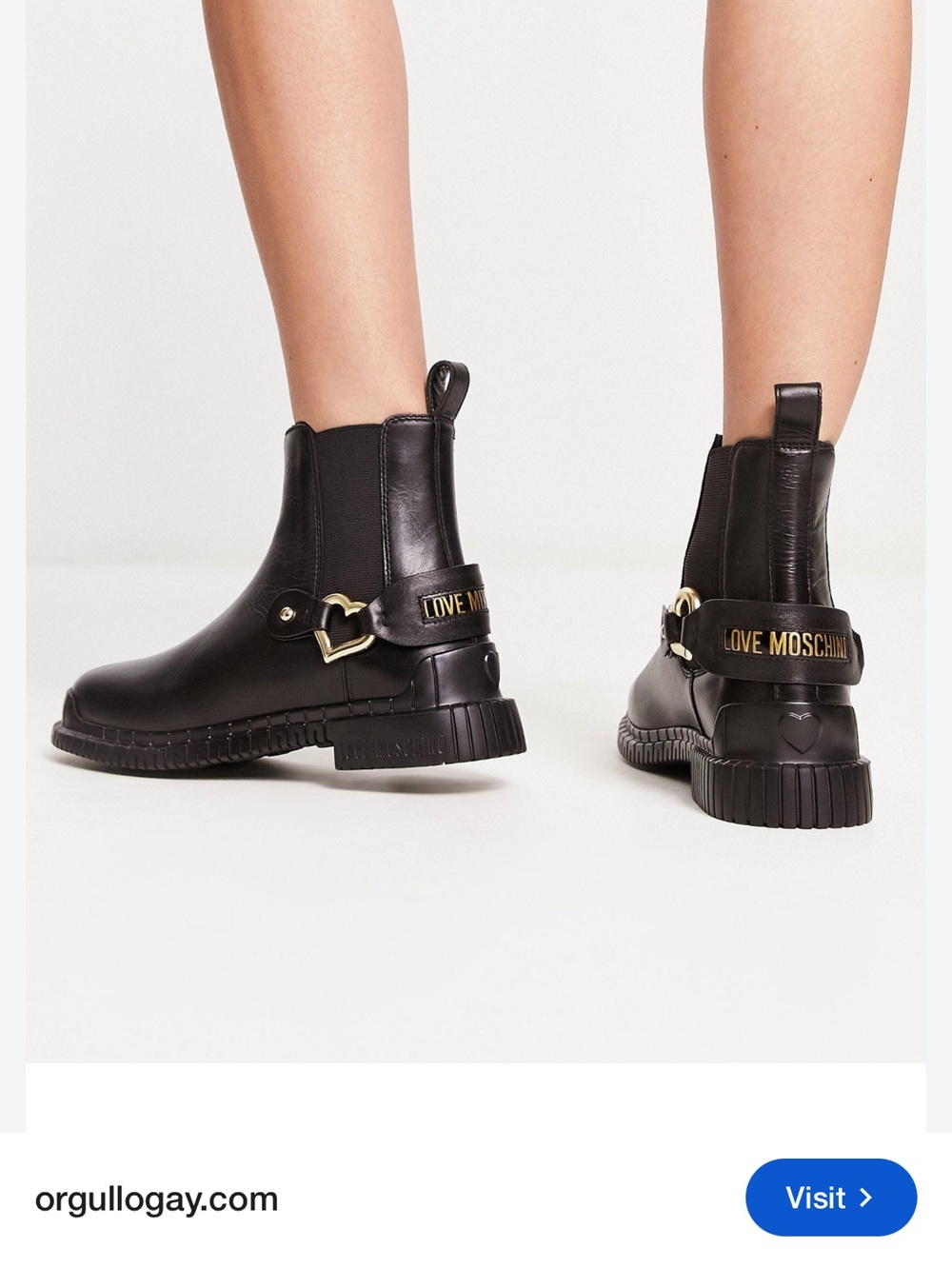 Love Moschino Black Leather Chelsea Booties with Gold Accents